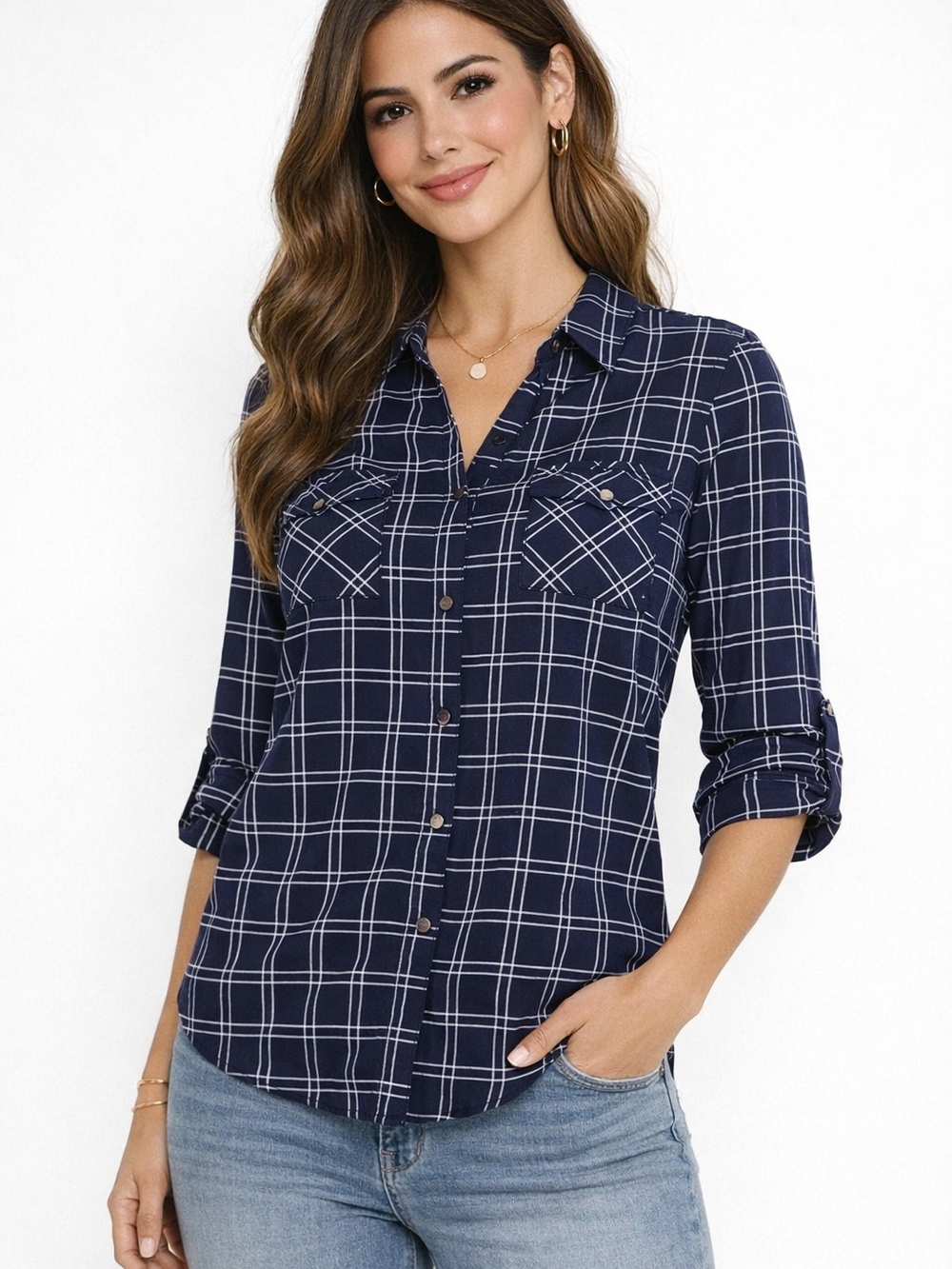 Women's Navy Plaid Button-Down Shirt with Roll-Tab Sleeves